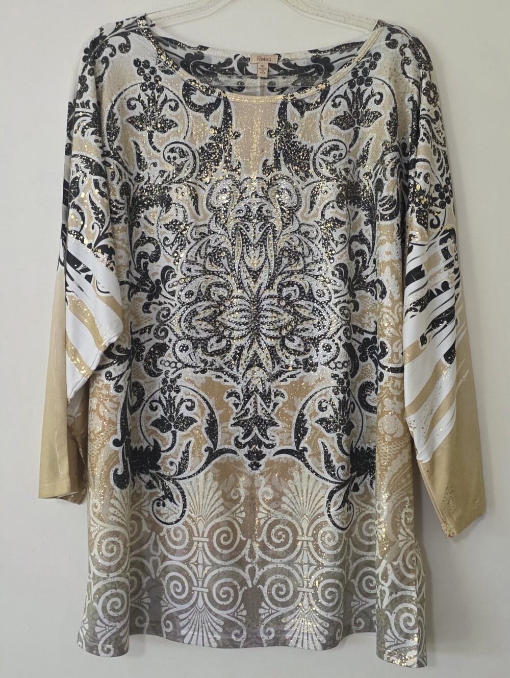 Reba Metallic Gold, Black and Beige Paisley Top Maximalism Festival Eclectic XL